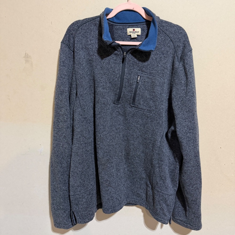 Woolrich Mens XXL Quarter Zip Sweater Fleece Pullover Gray Blue Collar Mock Neck